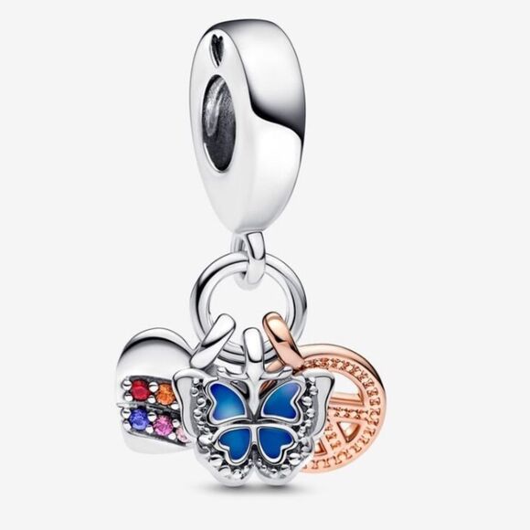 New Two-Tone Rainbow Heart, Butterfly & Peace Triple Dangle Charm ( CHARM ONLY) - Picture 1 of 4